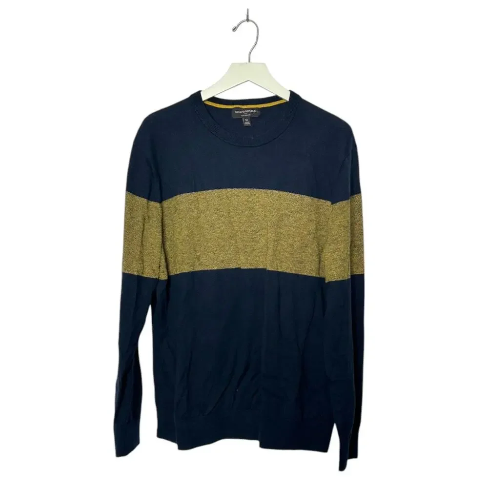 Banana Republic Navy Combo Birdseye Chest Striped Crew-Neck Sweater Men's XL